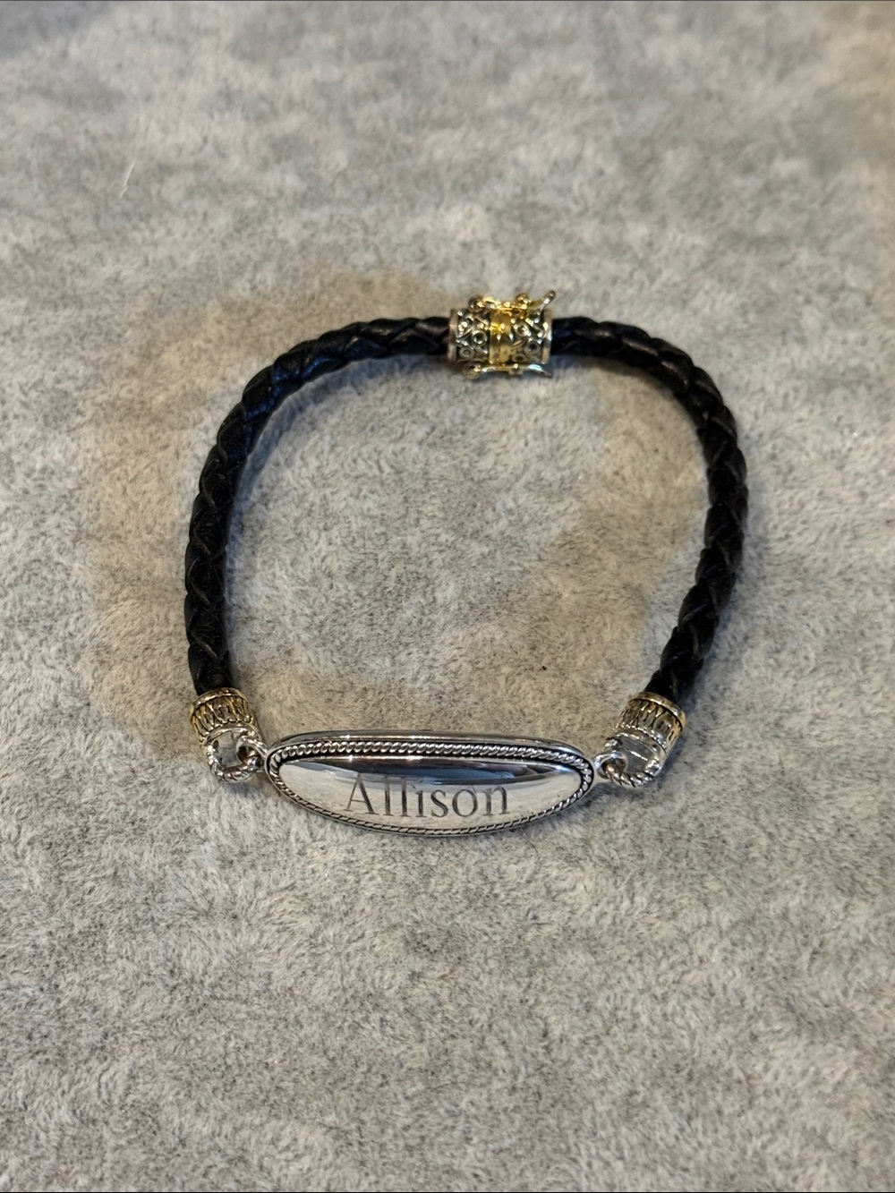 Personalized "Allison" Engraved Leather Bracelet with Silver Accents